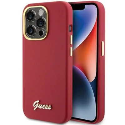 Guess Silicone Script Metal Logo Frame case for iPhone 15 Pro