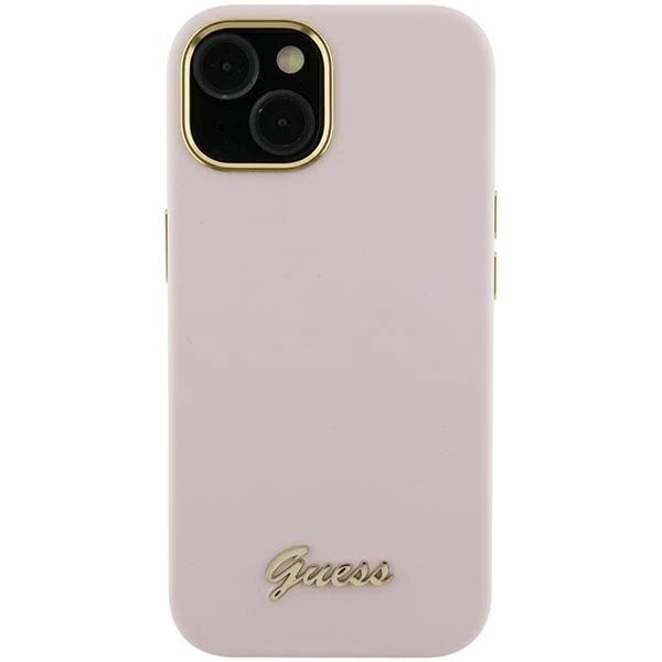 Guess Silicone Script Metal Logo Frame case for iPhone 15 Pro